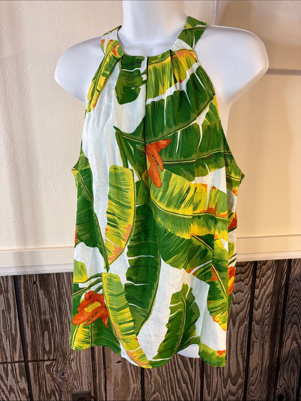 Cynthia Rowley Green Tropical Halter Tank with Yellow & Orange Accents